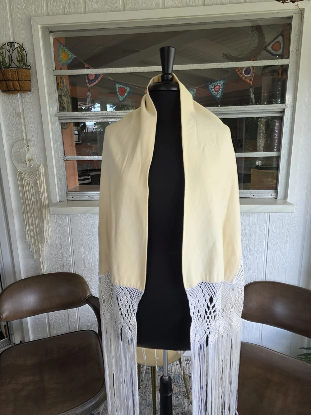 Vintage 70s Dramatic Fringe Wrap Boho Hippie Cream Shawl with White Fringe